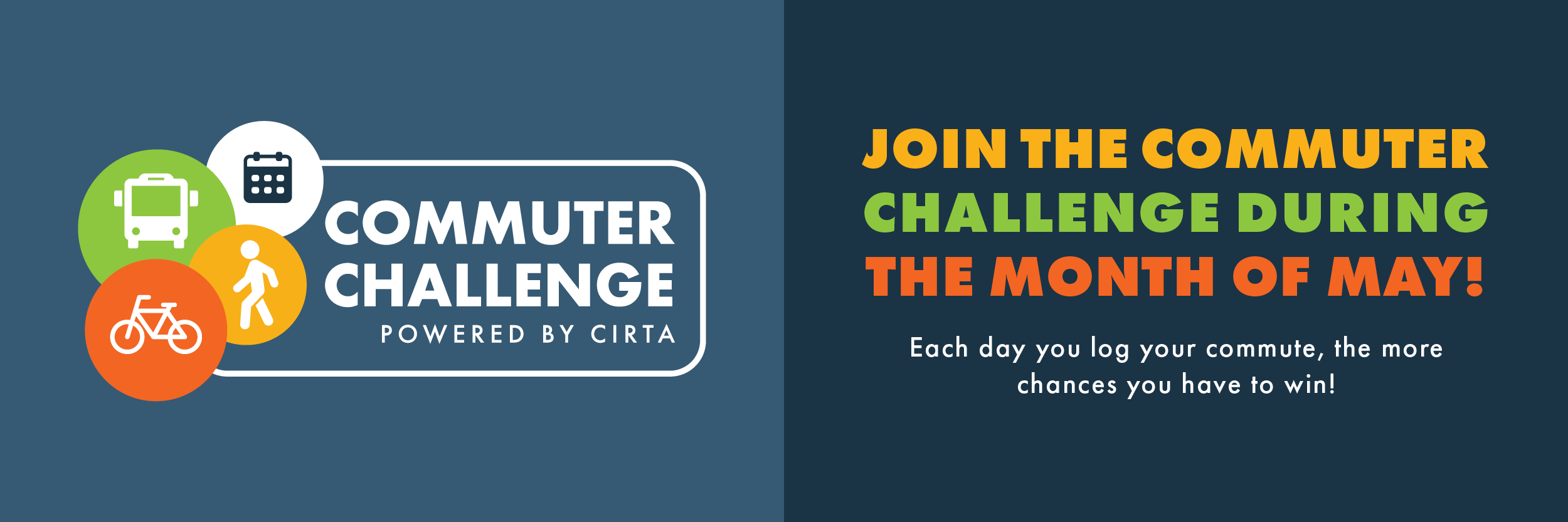 Banner promoting the Commuter Challenge with colorful circular icons (bus, bike, pedestrian) and bold text: 'Join the Commuter Challenge during the month of May' and a white subtitle inviting daily commute logging to win.